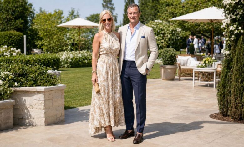 A well-dressed couple posing together at an elegant outdoor garden event