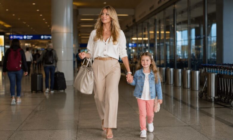 Editorial illustration of a mother holding her young daughter’s hand while walking through an airport terminal