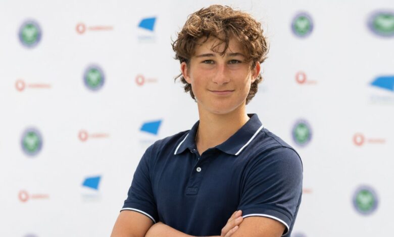 Huckleberry Edward Jocelyne Grylls, Bear Grylls’ youngest son, posing at a tennis event