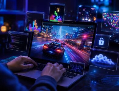 Teenager using a laptop with glowing browser-game windows, privacy lock icons, code fragments, and cloud panels representing Hypackle games.