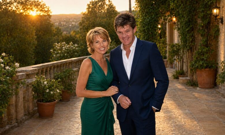 Smartly dressed couple posing on a golden-hour garden terrace for a Paul Fenwick biography feature