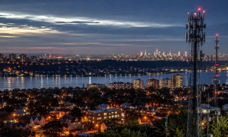 Westchester County New York skyline at night representing the 914 area code