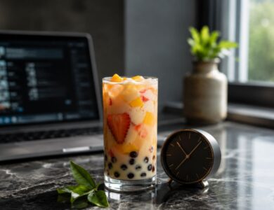 An elegant transparent glass of modern fruit-and-milk tea with tapioca pearls, placed next to a minimalist analog clock and a blurred laptop