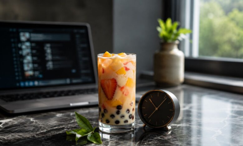 An elegant transparent glass of modern fruit-and-milk tea with tapioca pearls, placed next to a minimalist analog clock and a blurred laptop