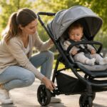 A parent carefully testing a premium baby stroller's brake and frame lock in a bright urban park, with an infant safely secured by a five-point harness.