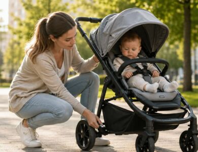 A parent carefully testing a premium baby stroller's brake and frame lock in a bright urban park, with an infant safely secured by a five-point harness.