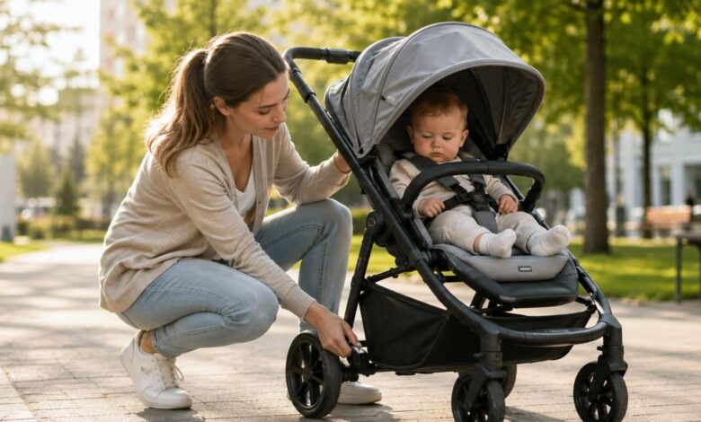 A parent carefully testing a premium baby stroller's brake and frame lock in a bright urban park, with an infant safely secured by a five-point harness.