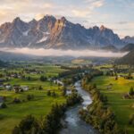 Cinematic aerial view of Austria's Ennstal valley featuring the Enns River, green meadows, traditional Alpine villages, and Dachstein limestone peaks.