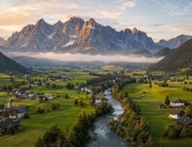 Cinematic aerial view of Austria's Ennstal valley featuring the Enns River, green meadows, traditional Alpine villages, and Dachstein limestone peaks.