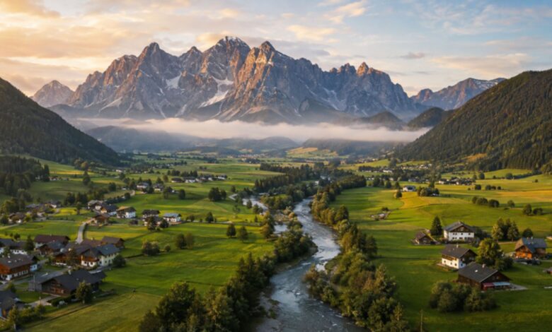 Cinematic aerial view of Austria's Ennstal valley featuring the Enns River, green meadows, traditional Alpine villages, and Dachstein limestone peaks.