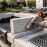 BarbeGlue barbecue adhesive being applied between concrete barbecue sections during outdoor assembly