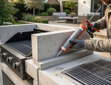 BarbeGlue barbecue adhesive being applied between concrete barbecue sections during outdoor assembly