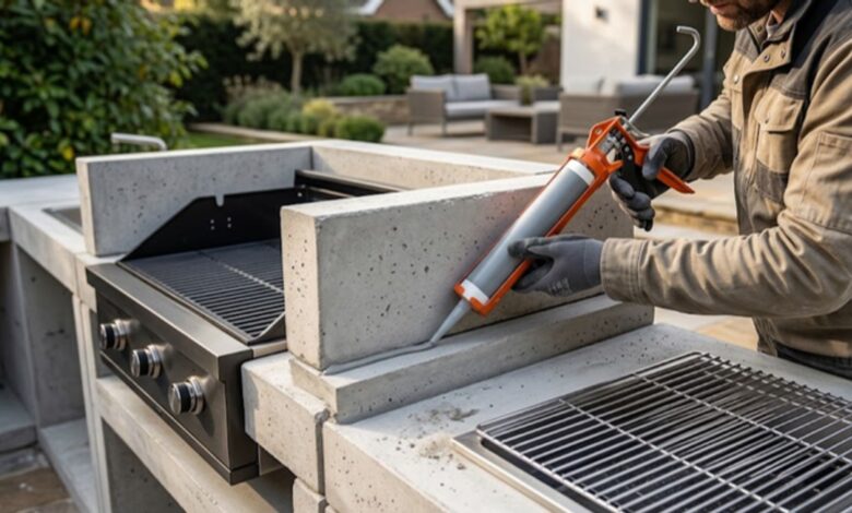 BarbeGlue barbecue adhesive being applied between concrete barbecue sections during outdoor assembly