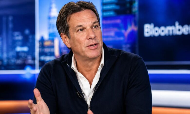 Brent Hoberman speaking during a professional business news studio interview
