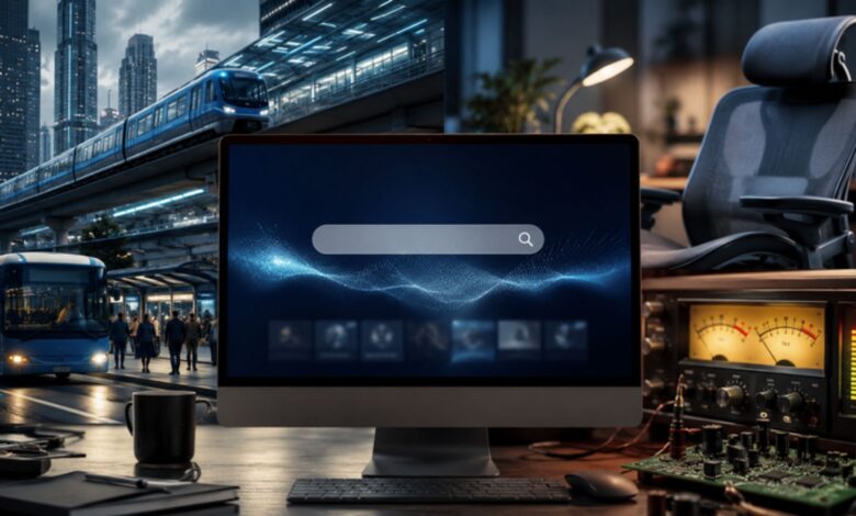 Bumetro keyword represented through urban transport, VU meter electronics and ergonomic office chair