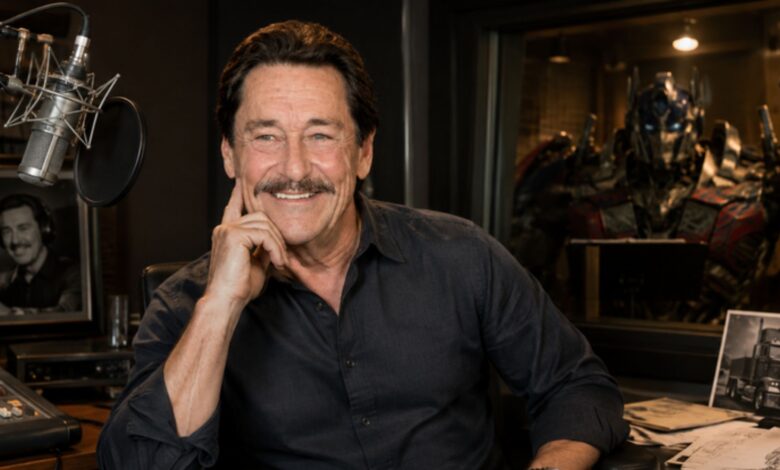 Clay Cullen, son of Peter Cullen, pictured in a cinematic recording studio setting