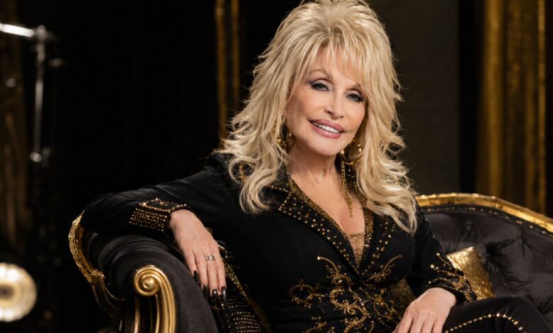 Dolly Parton portrait in black and gold outfit representing her $450 million net worth and music legacy