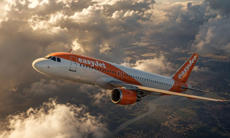 EasyJet Airbus aircraft flying through dramatic clouds on the Lyon to Porto route