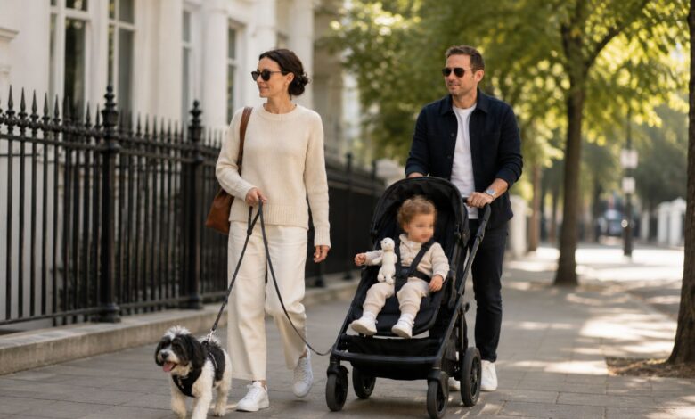 Frederick George Lampard in a stroller with Frank and Christine Lampard on a family walk