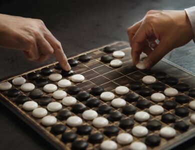Two players making strategic final moves on a nearly completed grid game board