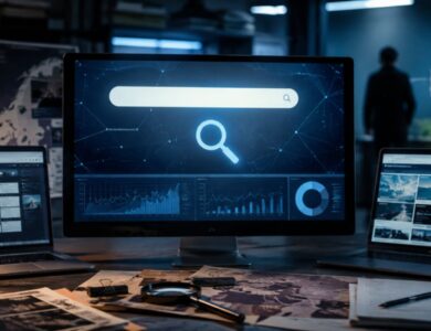 Nerwey keyword investigation shown on a computer search interface in a cinematic newsroom