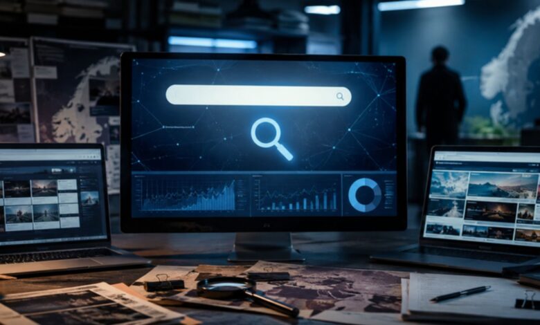 Nerwey keyword investigation shown on a computer search interface in a cinematic newsroom
