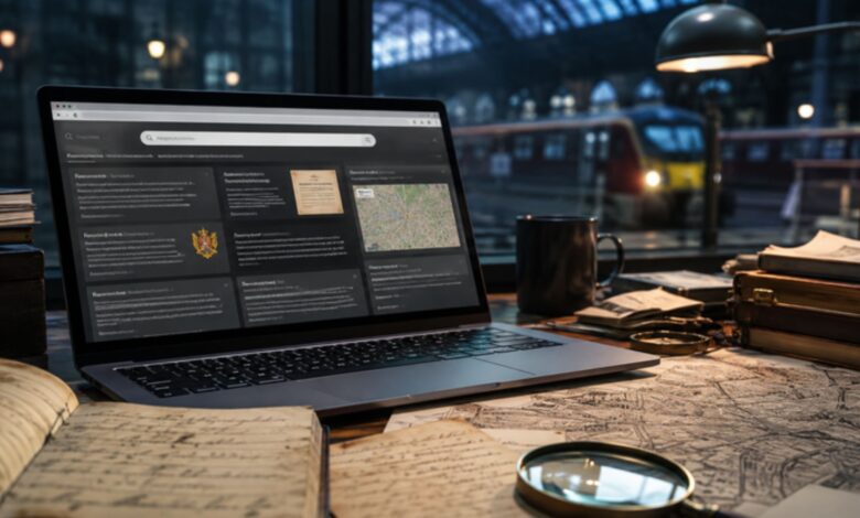 Pabington search mystery shown through historical records, maps and a modern laptop