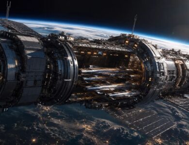 Space Force Orbital Warship Carrier spacecraft with smaller maneuverable vehicles above Earth in low orbit