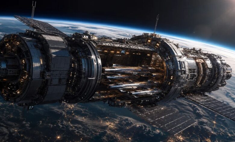 Space Force Orbital Warship Carrier spacecraft with smaller maneuverable vehicles above Earth in low orbit