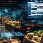Supermaked concept showing a modern supermarket combined with digital grocery technology and retail analytics