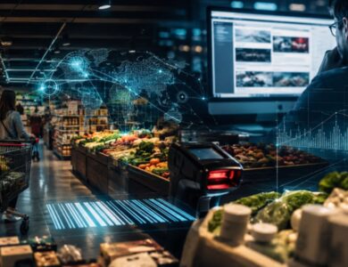 Supermaked concept showing a modern supermarket combined with digital grocery technology and retail analytics