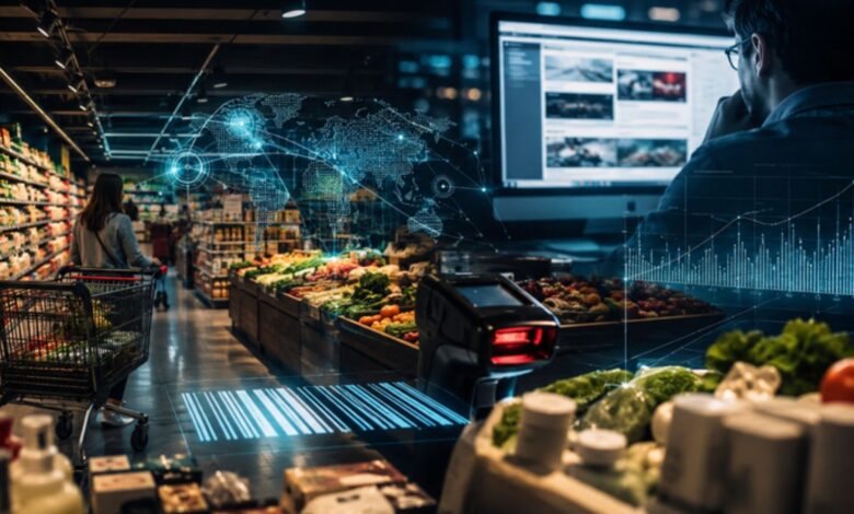 Supermaked concept showing a modern supermarket combined with digital grocery technology and retail analytics