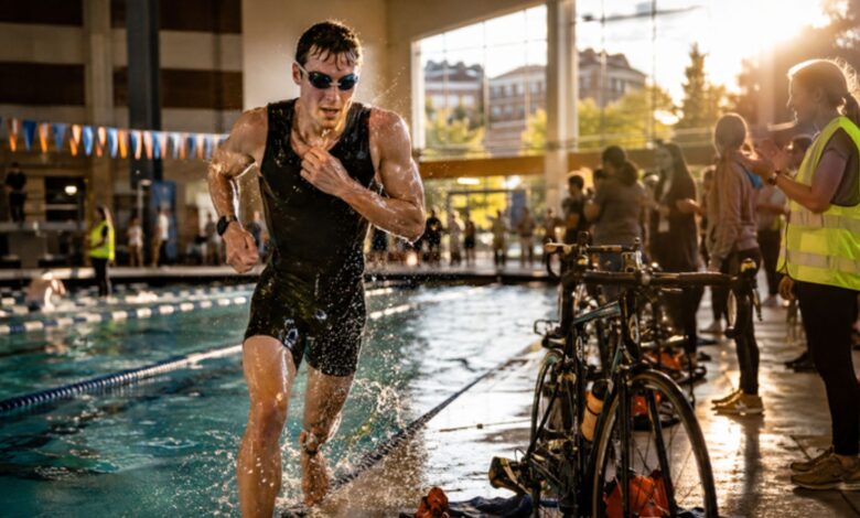 Trideltathon athlete emerging from an indoor pool during a University of Tennessee charity triathlon in Knoxville