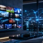 Tvlio IPTV streaming setup with a smart television showing live channels and global streaming connections