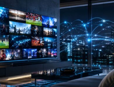 Tvlio IPTV streaming setup with a smart television showing live channels and global streaming connections