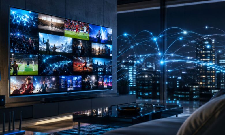 Tvlio IPTV streaming setup with a smart television showing live channels and global streaming connections