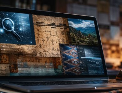 Uncuymaza meaning and origin investigation shown on a laptop with Andean-inspired visual elements