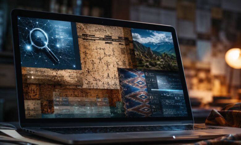 Uncuymaza meaning and origin investigation shown on a laptop with Andean-inspired visual elements