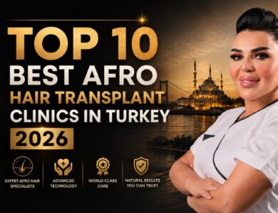 Top 10 best Afro hair transplant clinics in Turkey 2026 banner showing patient before and after results