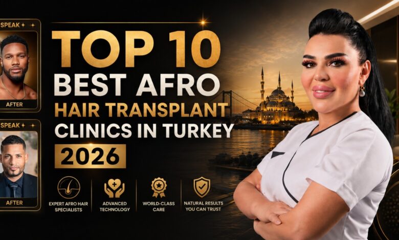Top 10 best Afro hair transplant clinics in Turkey 2026 banner showing patient before and after results