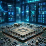 A generic semiconductor chip on a circuit board representing Intel stock