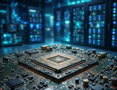 A generic semiconductor chip on a circuit board representing Intel stock