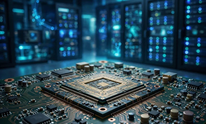 A generic semiconductor chip on a circuit board representing Intel stock