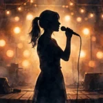 A singer on a small stage holding a microphone in warm stage light, a generic music illustration