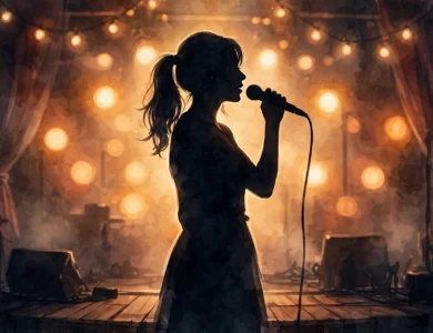 A singer on a small stage holding a microphone in warm stage light, a generic music illustration