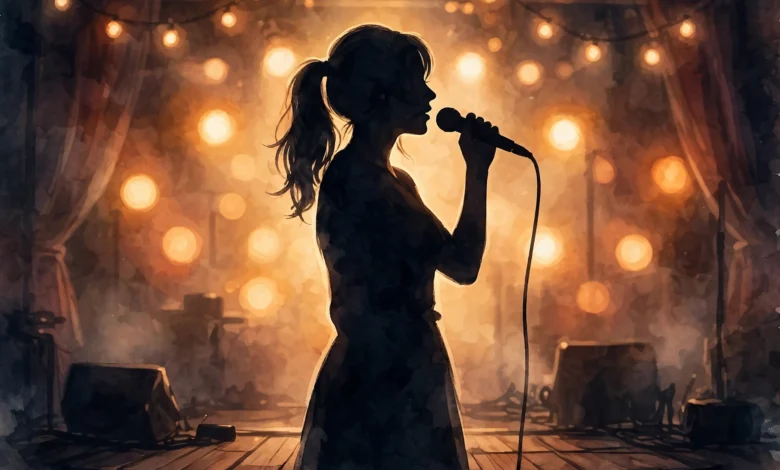A singer on a small stage holding a microphone in warm stage light, a generic music illustration