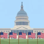 A generic illustration of the US Capitol building with American flags ahead of an election