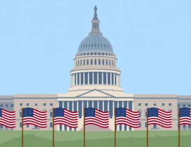 A generic illustration of the US Capitol building with American flags ahead of an election