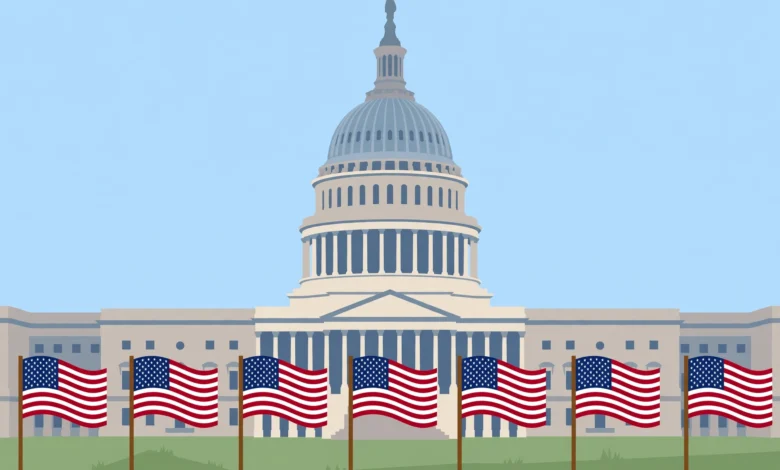 A generic illustration of the US Capitol building with American flags ahead of an election