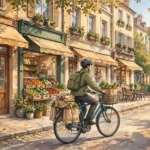 A delivery courier cycling with paper grocery bags past city shops, a generic delivery illustration